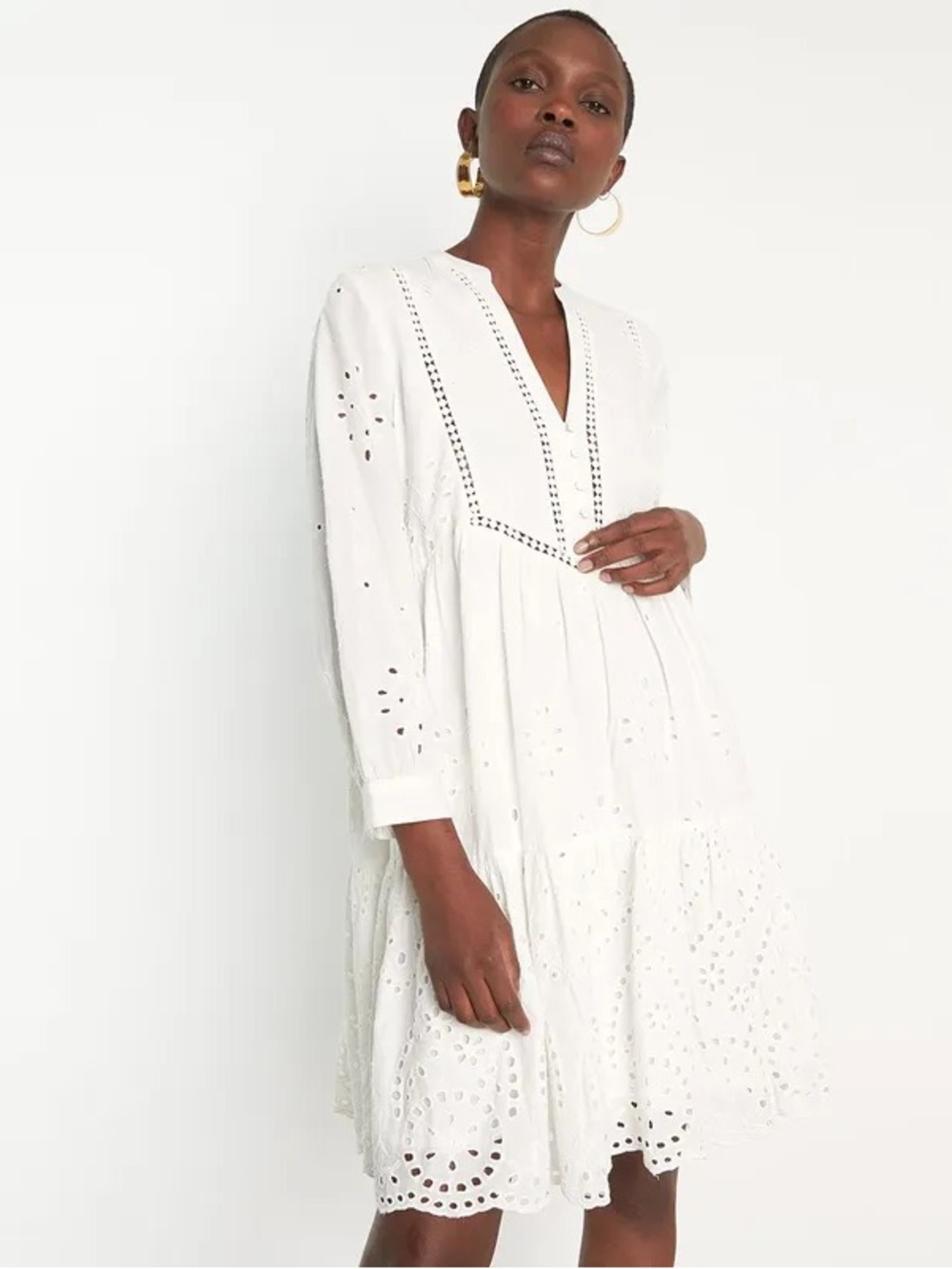 Maison 123 White Eyelet V-Neck Tiered Midi Dress